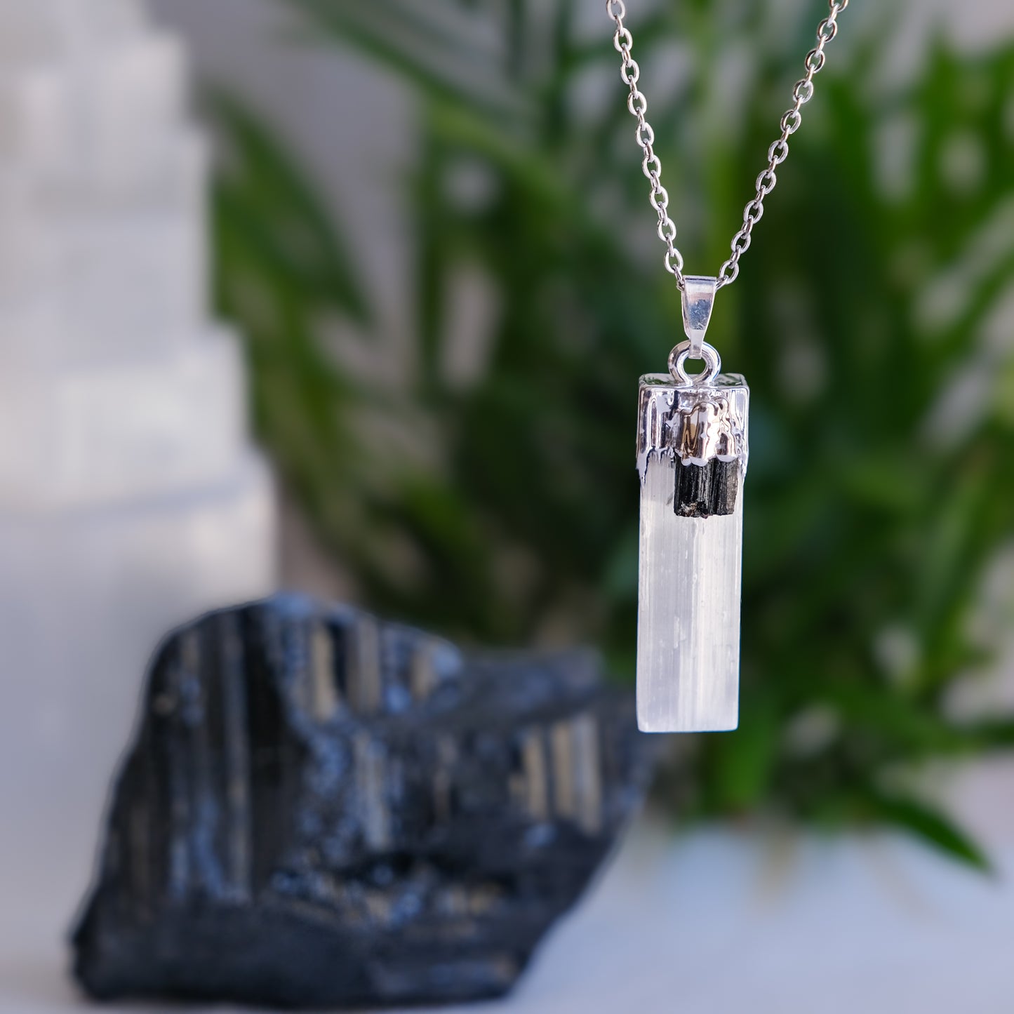 Colar Selenite & Turmalina banhado prata