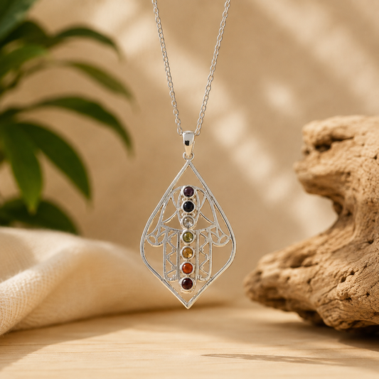Mão de Hamsá com os 7 Chakras